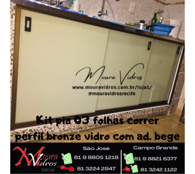 Kit pia 03 folhas correr perfil bronze vidro com adesivo bege